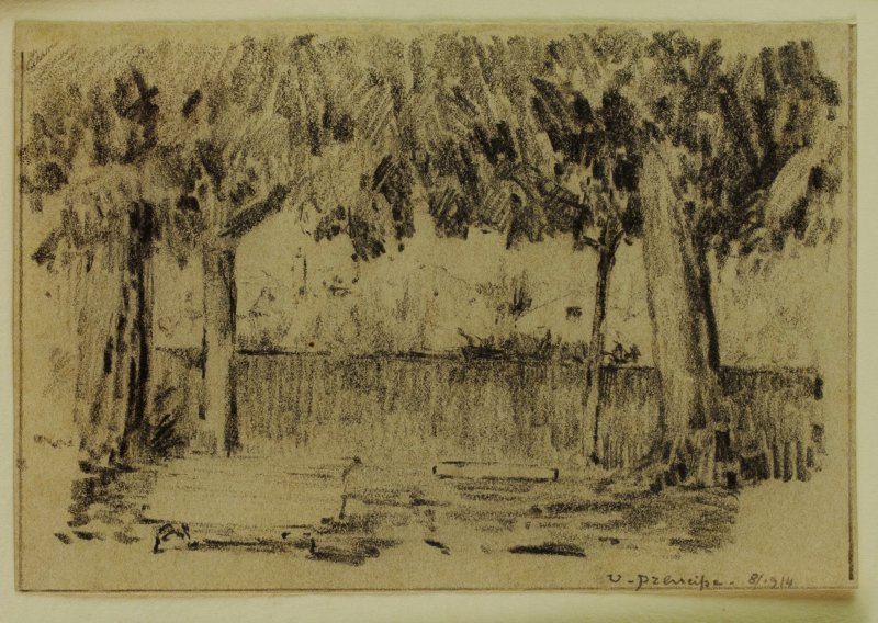 1914 - Muro con alberi ai lati e case sullo sfondo